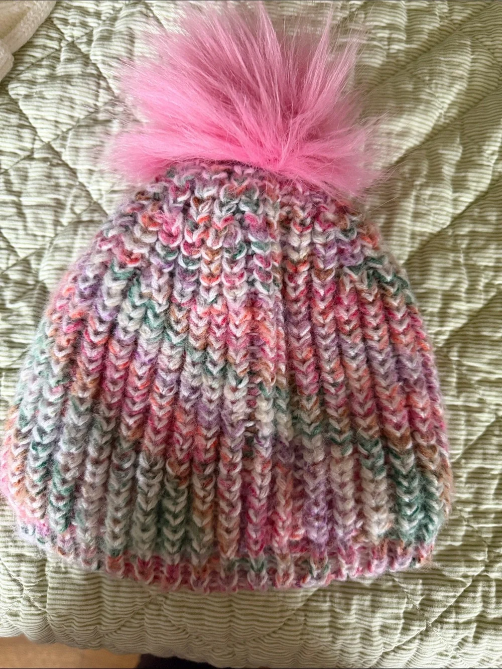 Kids Multicolor Knit Beanie with Pink Pom Pom